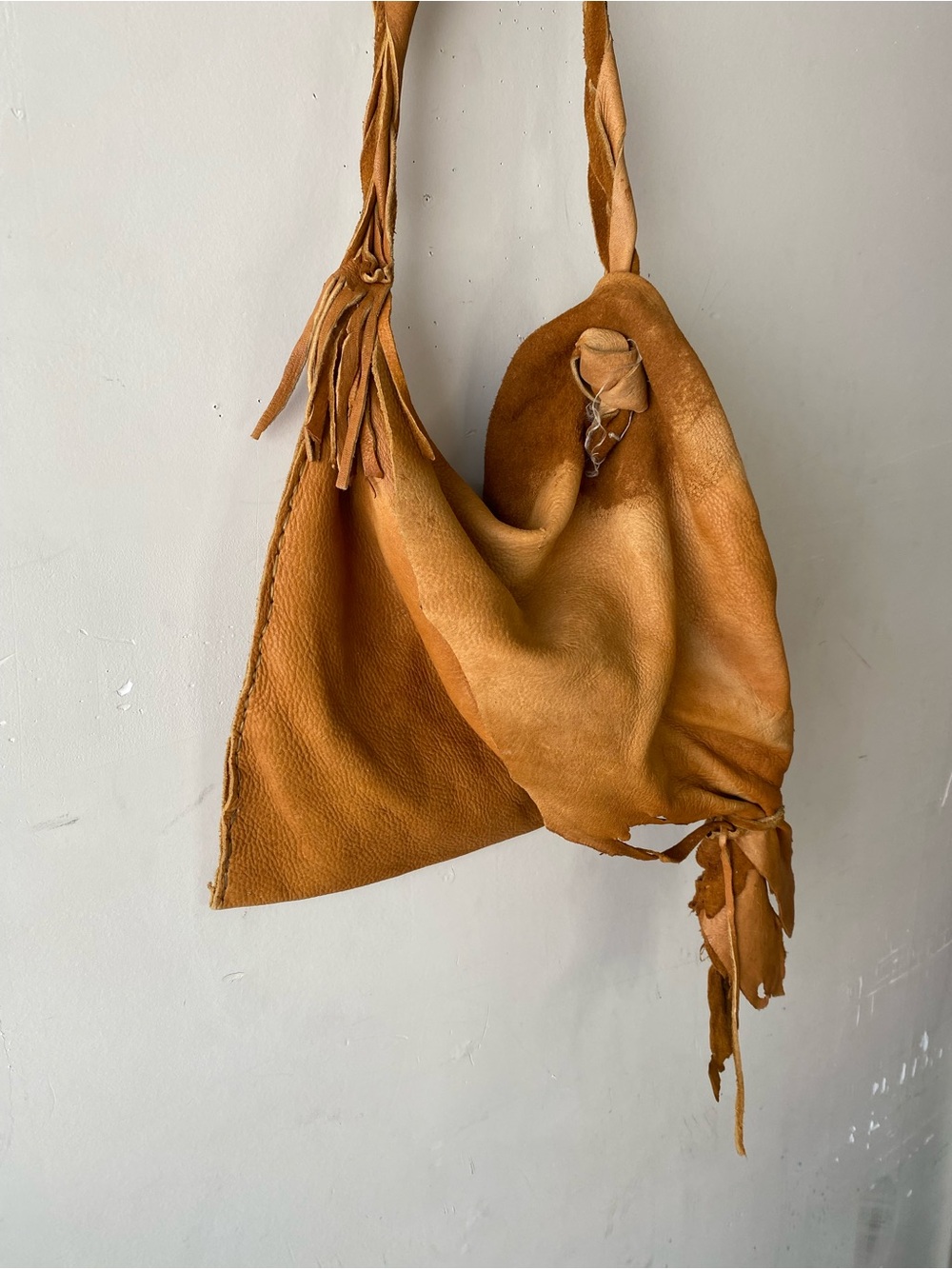 Handmade Asymmetrical Leather Shoulder Bag Tan Distressed Boho Grunge OS - Picture 6 of 16